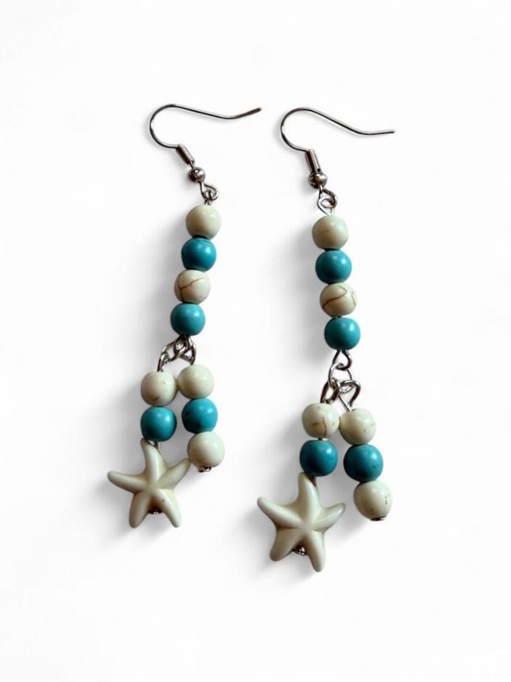 Handmade Turquoise & Ivory Beaded Starfish Dangle Earrings Boho